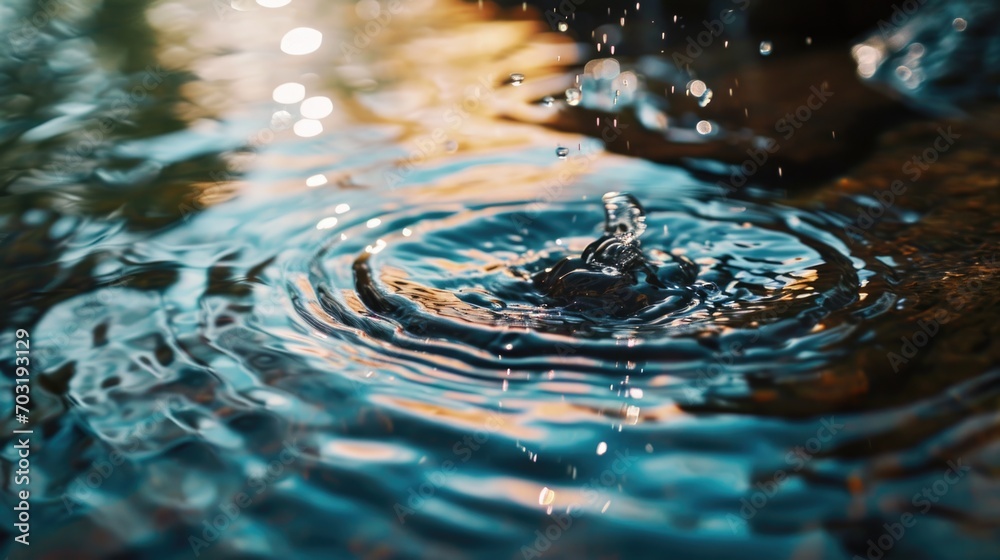 Poster a close up view of a single water drop in a body of water. perfect for use in nature photography or 