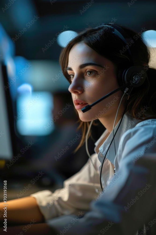 Poster a woman sitting in front of a computer wearing a headset. perfect for customer support or remote wor