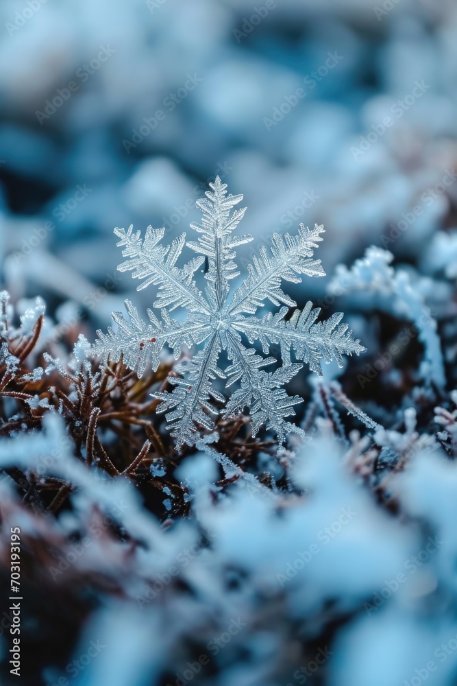 Poster a close up view of a snowflake on a plant. perfect for winter-themed designs and nature-related proj