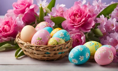 Fototapeta na wymiar Easter elegance: Still life with eggs and flowers