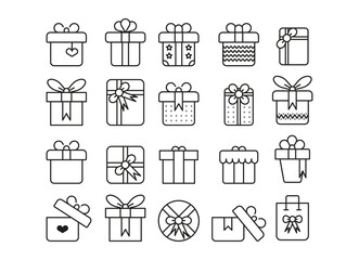 Gift Box flat line silhouette stamp glyph set. Surprise Present Packaging Icon.