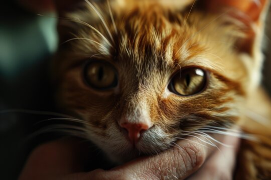 A close-up view of a person holding a cat. This image can be used to depict the bond between humans and their pets