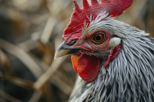 A close up view of a rooster with a vibrant red comb. This image can be used to depict farm life or to add a touch of rural charm to any project