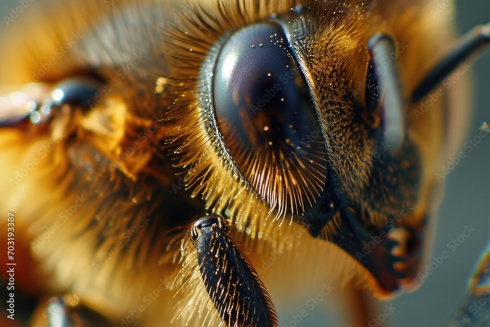 Poster a detailed close-up of a bee's face. this image can be used to showcase the intricate features and u
