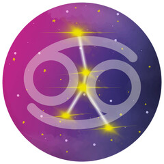 Cancer symbol vector illustration With the constellation Crab on the front and the back full of stars on a galaxy background in purple-pink tones.