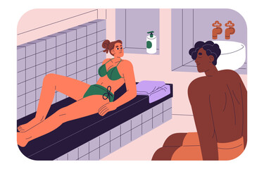 Obraz premium Hammam, sauna in salon. Thermal spa. Friends, men and women relax on bench in steam rooms, bathing in hot turkish banya, arabic bathhouse. People care about wellness, body. Flat vector illustration