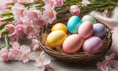 Obraz na płótnie Canvas Easter elegance: Still life with eggs and flowers
