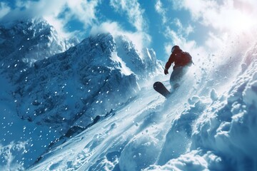 Naklejka na ściany i meble A man riding a snowboard down a snowy slope. Perfect for winter sports and adventure themes