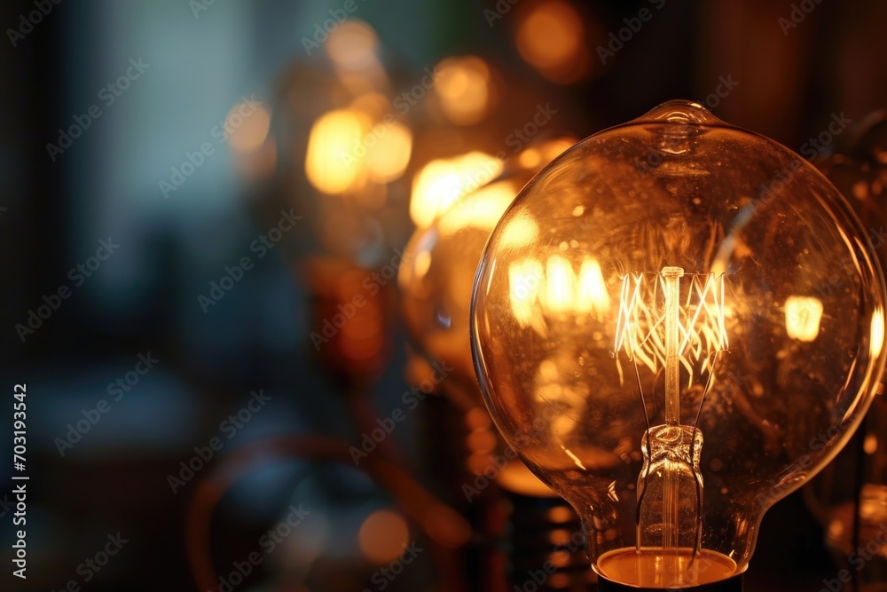 Poster a group of light bulbs sitting on top of a table. perfect for illustrating concepts related to innov