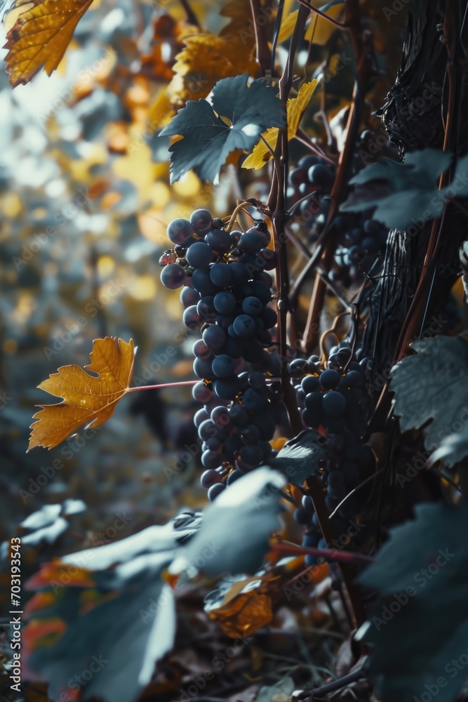 Poster a bunch of grapes hanging from a vine. this image can be used to represent vineyards, winemaking, ag