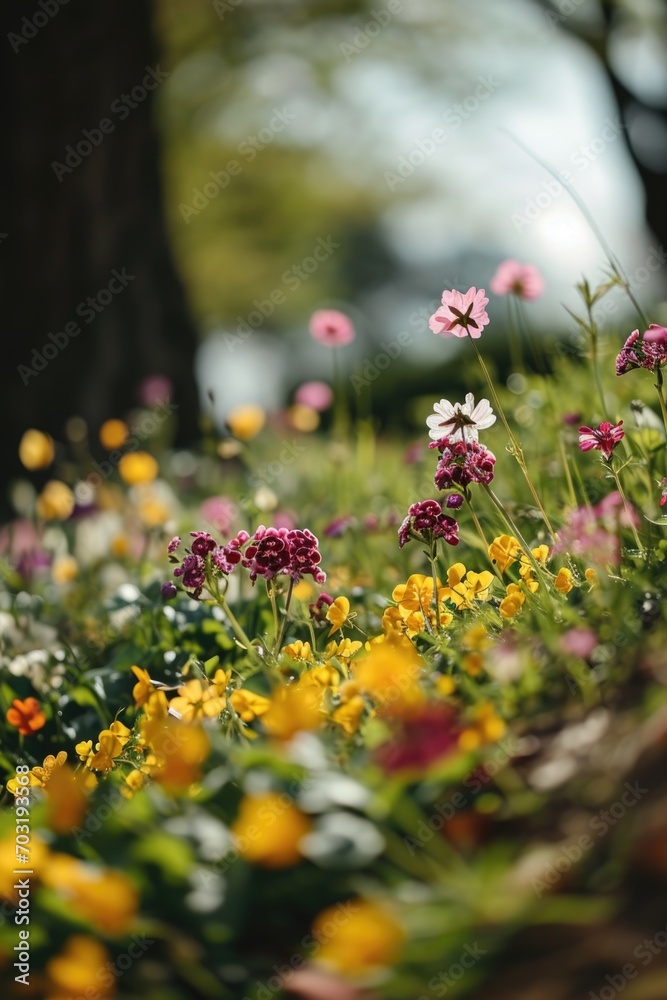 Poster a beautiful field of flowers with tall trees in the background. perfect for nature enthusiasts and o