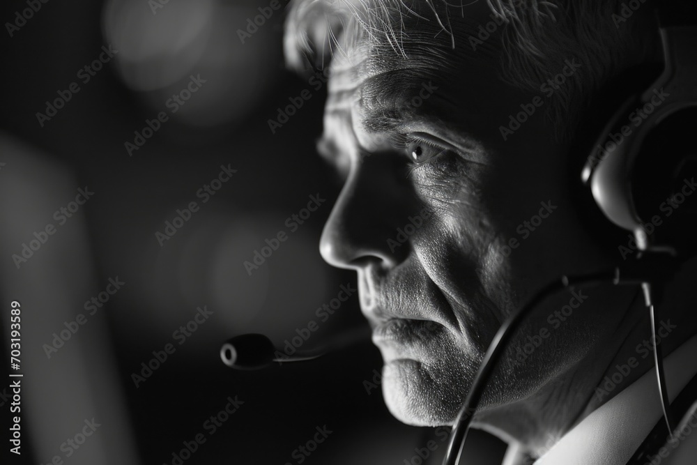 Poster a man wearing a headset and holding a microphone