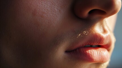 A close up shot of a person's face with a toothbrush in their mouth. This image can be used to promote dental hygiene and oral care products