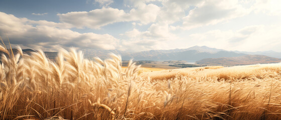 Landscape with dry reeds, beige cane, pampas grass. Macro Shoot. Nature, herbal background. Boho design. Generative ai