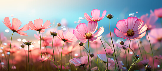Pink cosmos flower field in garden with blurry background and soft sunlight. Close up flowers blooming on softness style in spring summer under sunrise