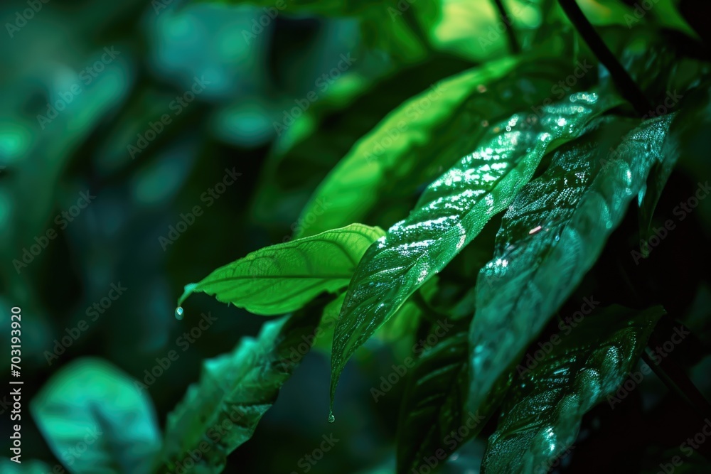Poster A detailed close-up image of a leaf with water droplets. Perfect for nature enthusiasts and those looking for a calming and refreshing image