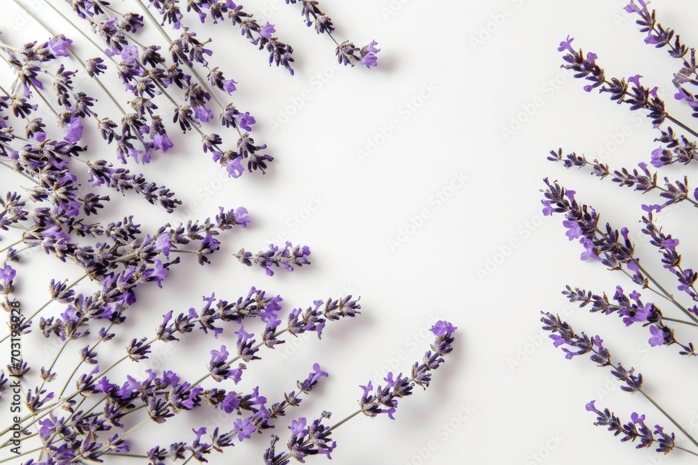 Poster a beautiful bunch of purple flowers placed on a clean white surface. this image can be used to add a