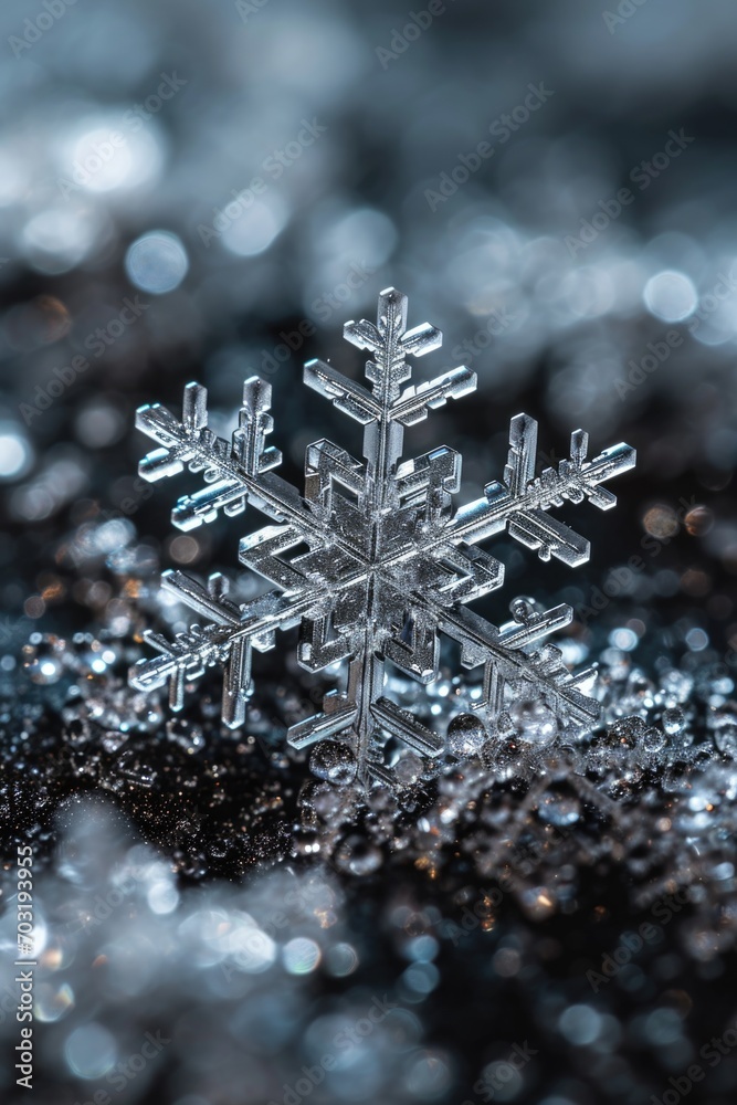 Poster a detailed close-up of a snowflake on a smooth black surface. perfect for winter-themed designs and 