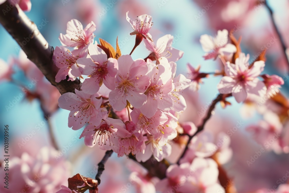 Poster A close-up view of a pink flower blooming on a tree. This image can be used to add a touch of nature and beauty to any project