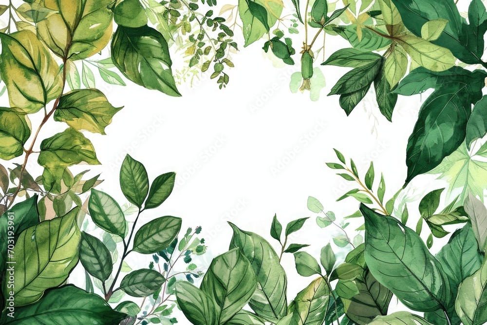 Poster a beautiful watercolor painting of green leaves on a clean white background. perfect for adding a to