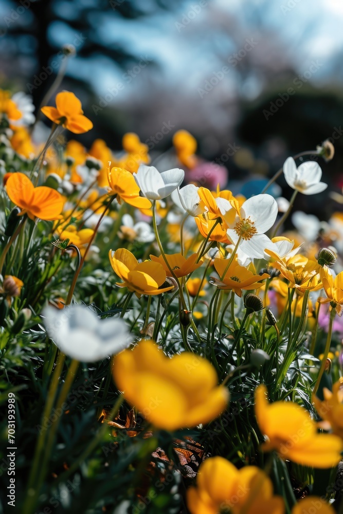 Poster A sunny day filled with a beautiful field of yellow and white flowers. Perfect for adding a touch of nature and vibrancy to any project