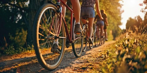 A group of people riding bikes down a dirt road. Suitable for outdoor adventure and recreational activities