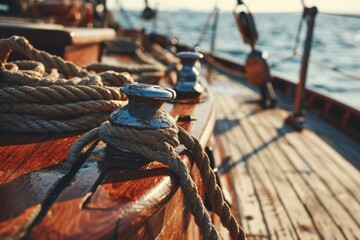 A detailed close-up of a rope on a boat. Can be used to depict nautical themes or emphasize the importance of knots and securing objects - obrazy, fototapety, plakaty