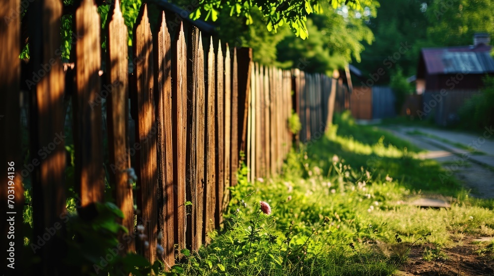 Poster A wooden fence situated in the grass alongside a road. Perfect for adding a rustic touch to any project