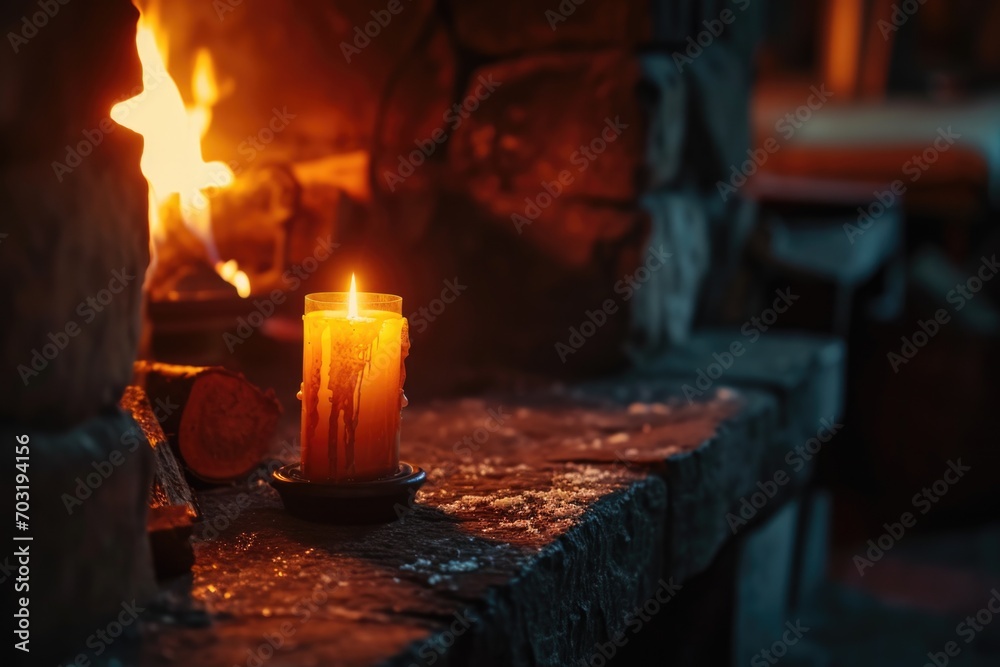 Poster a lit candle sitting on a stone ledge. perfect for creating a warm and cozy atmosphere.