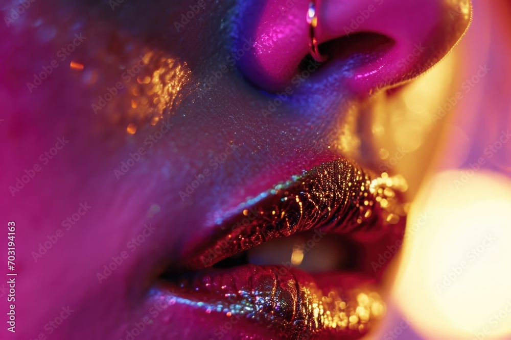 Poster A close-up view of a woman's face with glitter on it. Perfect for adding a touch of sparkle and glamour to any project