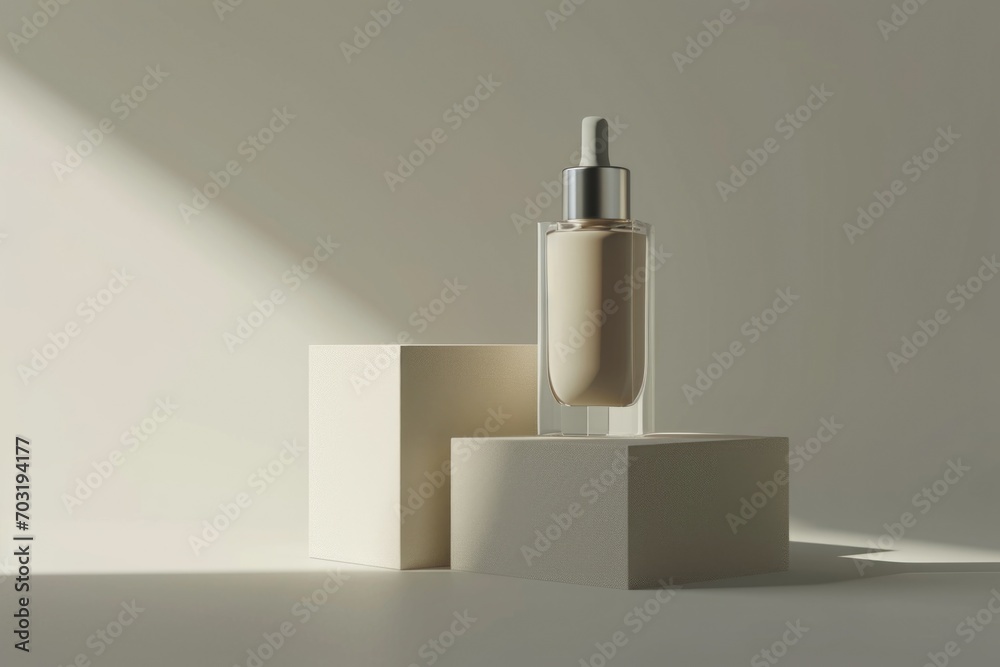 Poster A bottle of liquid resting on top of a block. Suitable for various uses