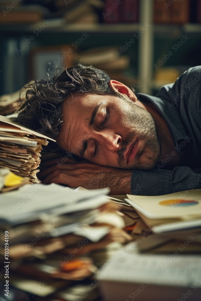 Aufkleber A man is seen sleeping on a desk with a pile of papers. This image can be used to depict tiredness, overwork, or the need for rest in a busy work environment