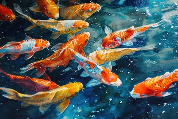 A beautiful painting depicting a group of koi fish swimming gracefully in a serene pond. Perfect for adding a touch of tranquility to any space - Powered by Adobe