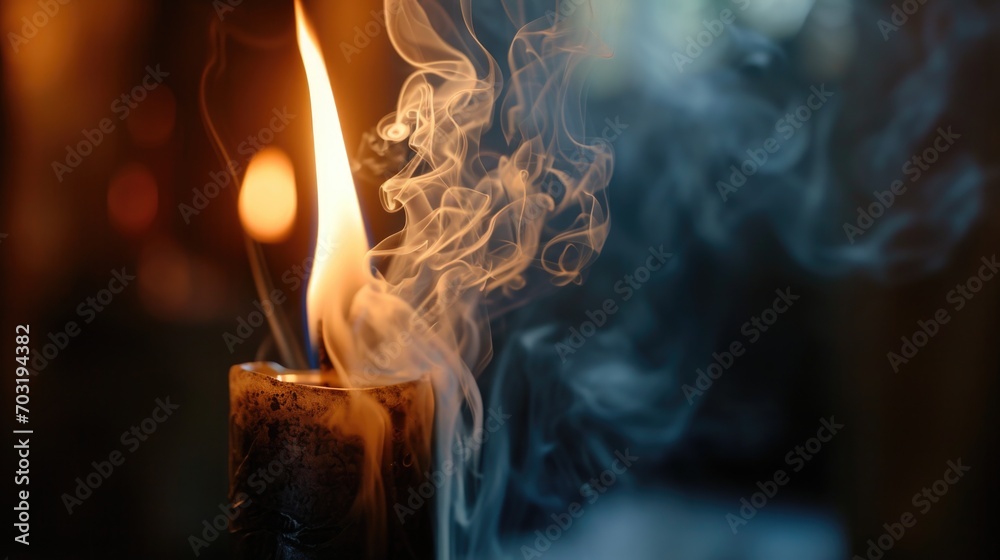 Poster a lit candle with smoke rising from it. perfect for creating a cozy atmosphere or symbolizing hope a