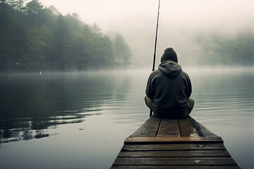 Visualize a person sitting on a dock by a serene lake - a fishing rod in hand - but displaying an expression of disinterest and boredom - with the calm water providing a tranquil backdrop. - obrazy, fototapety, plakaty