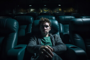  a man sitting alone in a dark home theater, watching a movie but with a clearly bored expression, surrounded by a sea of empty seats, emphasizing solitude and disinterest - obrazy, fototapety, plakaty