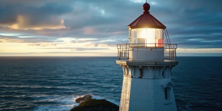 A picture of a lighthouse with a red top standing on a rocky shore. This image can be used to depict maritime navigation, coastal landscapes, or safety and guidance
