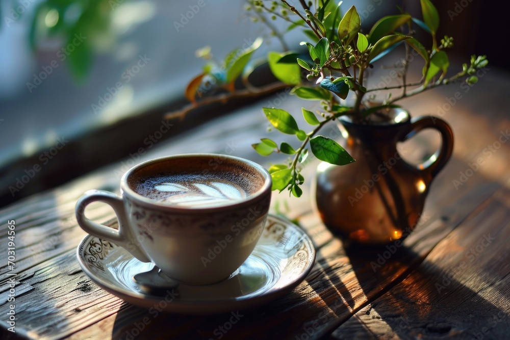 Poster a cup of coffee and a vase of flowers placed on a saucer. perfect for adding a touch of elegance to 