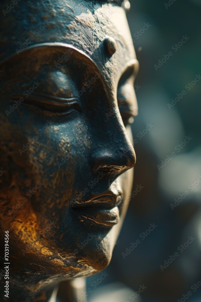 Poster a close-up view of a statue's face. can be used for art, history, or sculpture-related projects