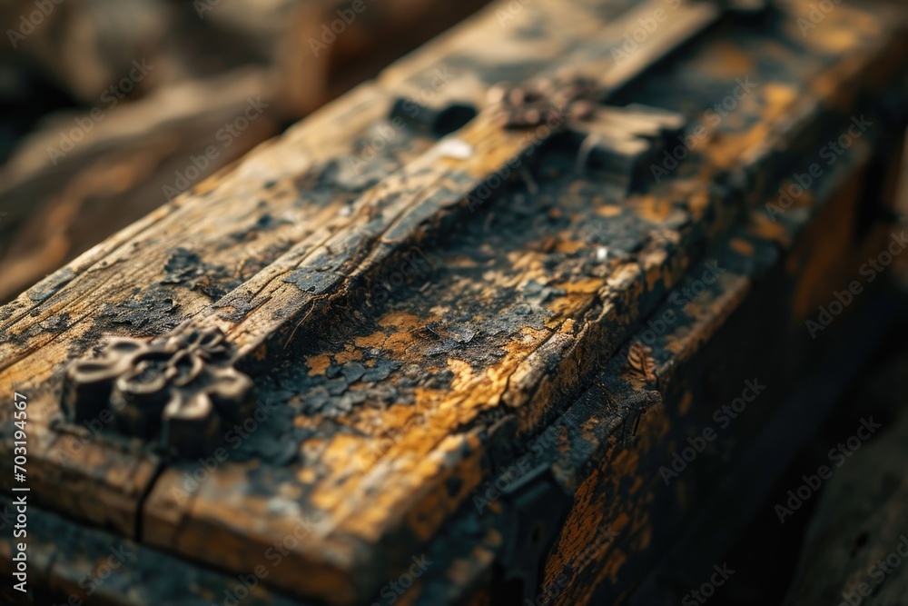Poster a close-up view of a wooden box placed on a bed. this image can be used to depict storage, organizat