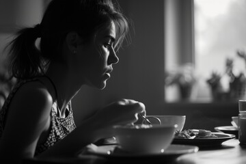 A woman is depicted sitting at a table with a bowl of food. This image can be used to illustrate concepts related to dining, meal preparation, healthy eating, and nutrition