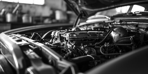A black and white photo of a car engine. Suitable for automotive enthusiasts and mechanics - obrazy, fototapety, plakaty