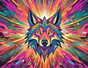 Psychedelic wolf ray burst of light, colourful, abstract background