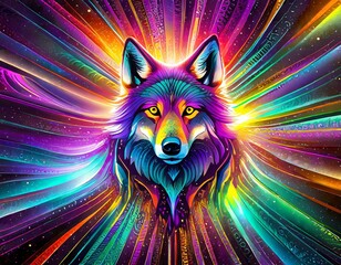 Psychedelic wolf ray burst of light, colourful, abstract background