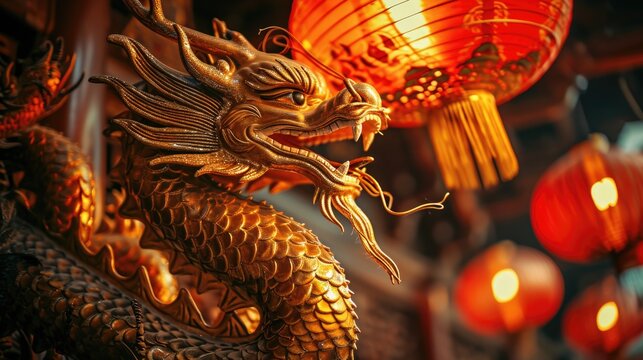 A golden dragon statue is surrounded by red lanterns. Perfect for Chinese New Year celebrations and Asian-themed designs