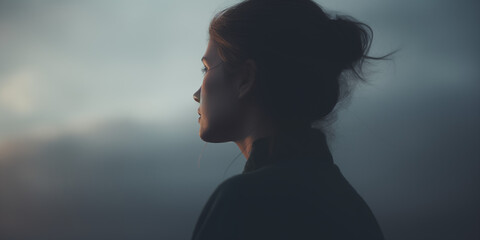 Redheaded woman in profile, looking into the distance, moody blue overcast sky