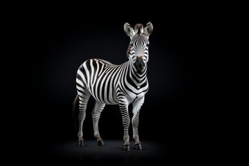 A highly detailed zebra stands against a black background, its stripes creating an optical art effect.