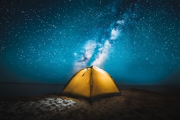 Under the Gaze of the Vast Universe, An Illuminated Tent Rests, The Sky a Canvas of Stars. Camping at night. Concept of sleeping under the stars.