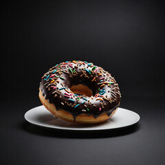 Big donut on a white plate on a black background