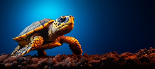 A portrait captures a turtle perched atop a pile of rocks, focusing on the details of the giant tortoise.
